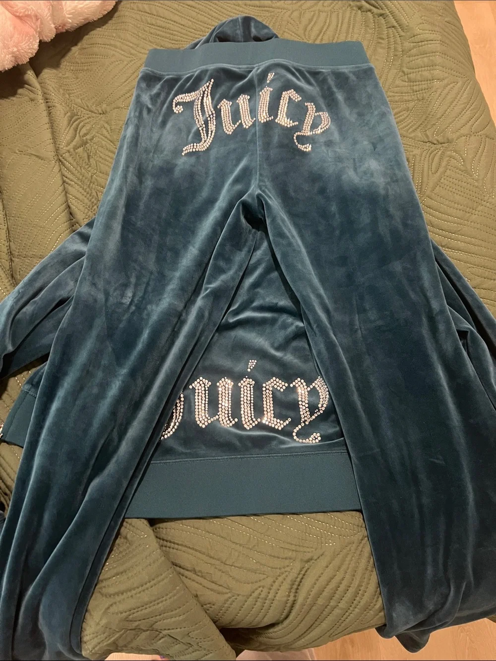 Juicy Couture Teal Velour Hoodie & Pants Set with Rhinestone 'Juicy' Logo